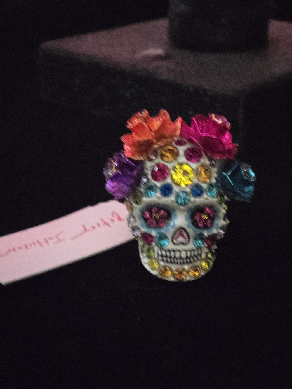 Betsey Johnson Stretch White Sugar Skull Ring with Multicolor Gem Flowers